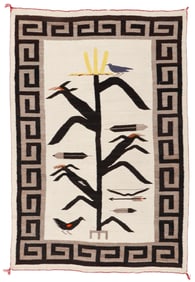 Navajo Pictorial Weaving with Birds and Corn Plant, c. 1940-1950, 3'2'' x 4'9''
