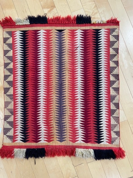 Navajo Germantown Rug, circa 1900, 2'5" x 2'7": Navajo Germantown Rug, circa 1900, 2’5” x 2’7”. Germantown, PA dyed commercial wool yarn with cotton warp. 2'5'' x 2'7'' (74 x 79 cm)