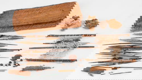 Chancay Culture Weaving Basket with Implements, Central Coast, Peru, c. 1200-1550 CE.