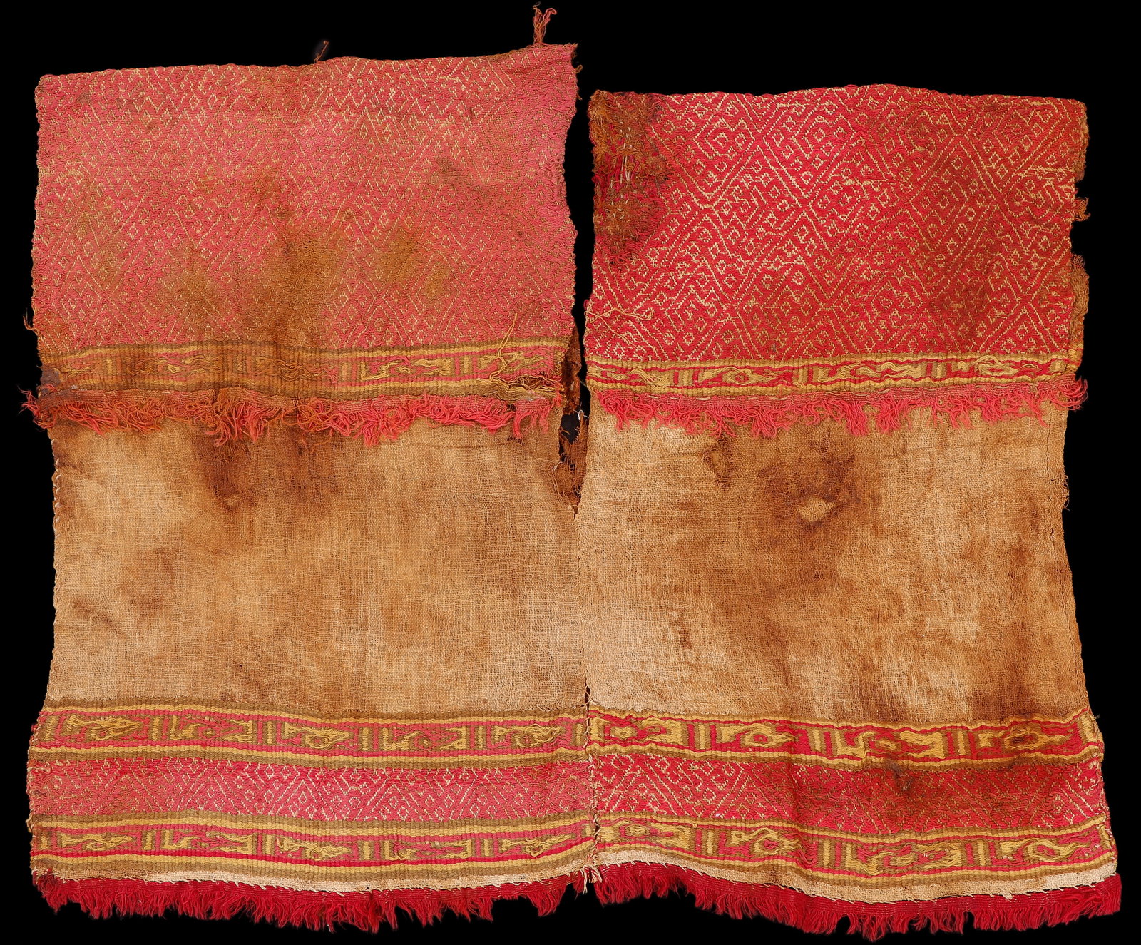 Ancon/Lima Culture Men's Ceremonial Tunic, Central Coast, c. 1100-1500 CE: Ancon/Lima Culture Men's Ceremonial Tunic, Central Coast, Peru, c. 1100-1500 CE. Two loom panel mans ceremonial shirt in brocade and supplemental weft images of profile pelicans in flight. Pelicans ar