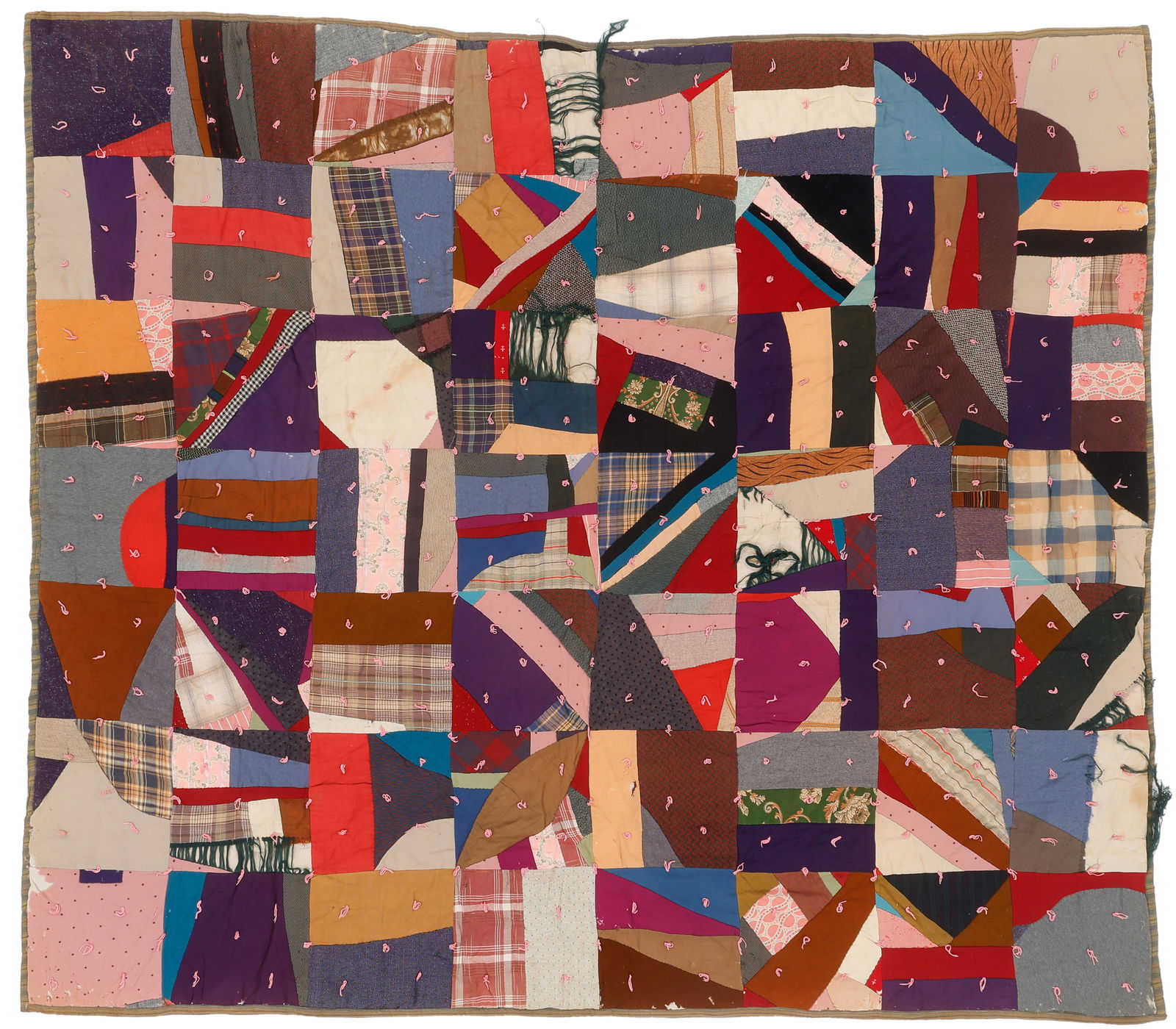 African American Pieced and Tied Crazy Quilt, Early 20th C. (1 of 3)