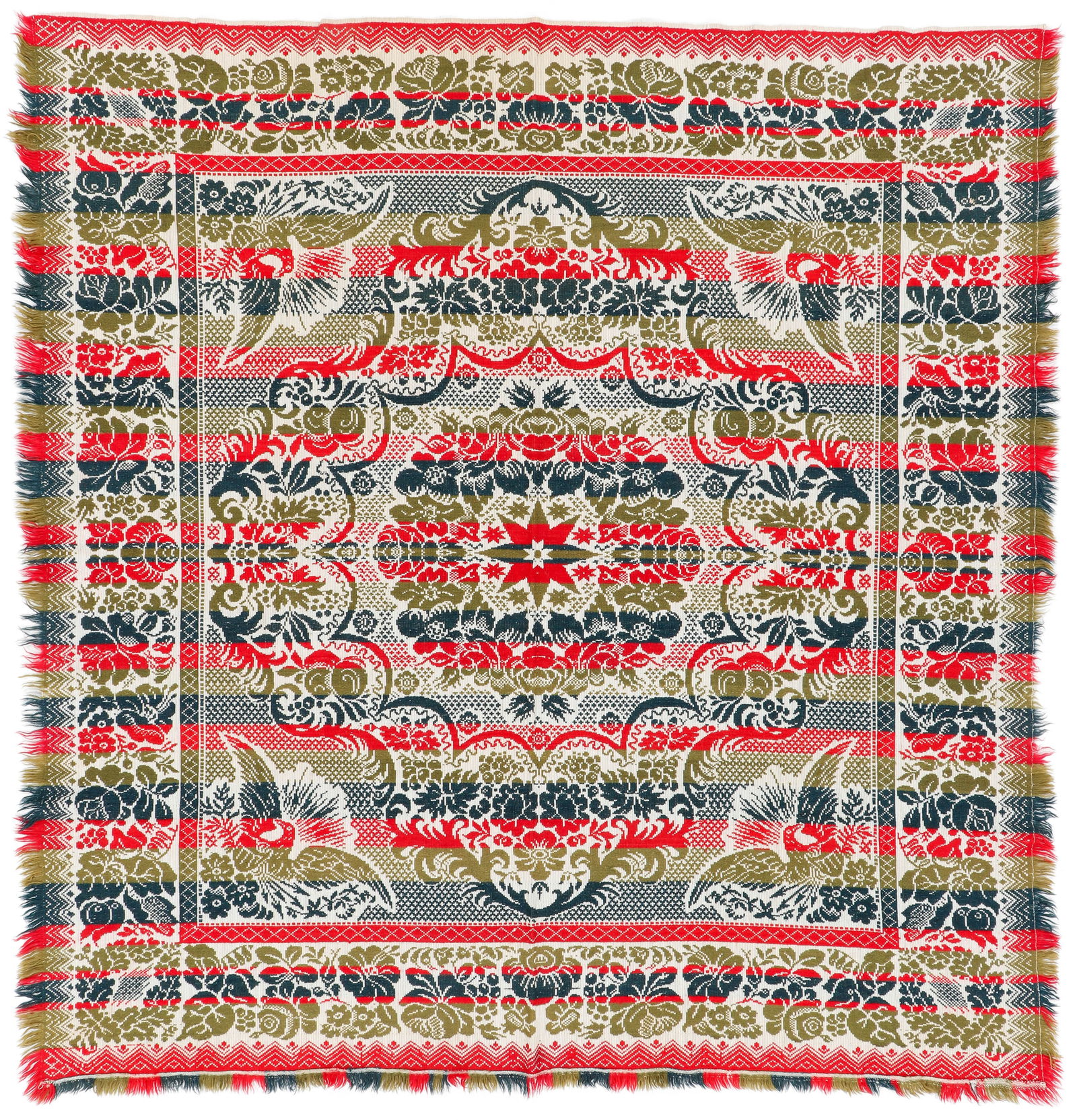 Tricolor Jacquard Figured and Fancy Coverlet, Mid 19th C.: Tricolor Jacquard Figured and Fancy Coverlet, Mid 19th C. Wool on cotton. 6'5'' x 6'10'' (196 x 208 cm)