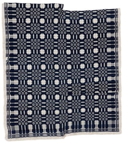 Blue and White Double Cloth Coverlet with Pine Tree Border, Early 19th C.