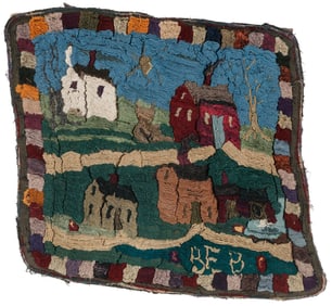 Barbara E. Merry Signed Hooked Chenille Rug "Cabins on a Hill", c. 1970s