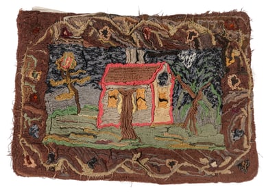 Barbara E. Merry Hooked Chenille Rug "Cabin in the Woods", c. 1970s, Exhibited