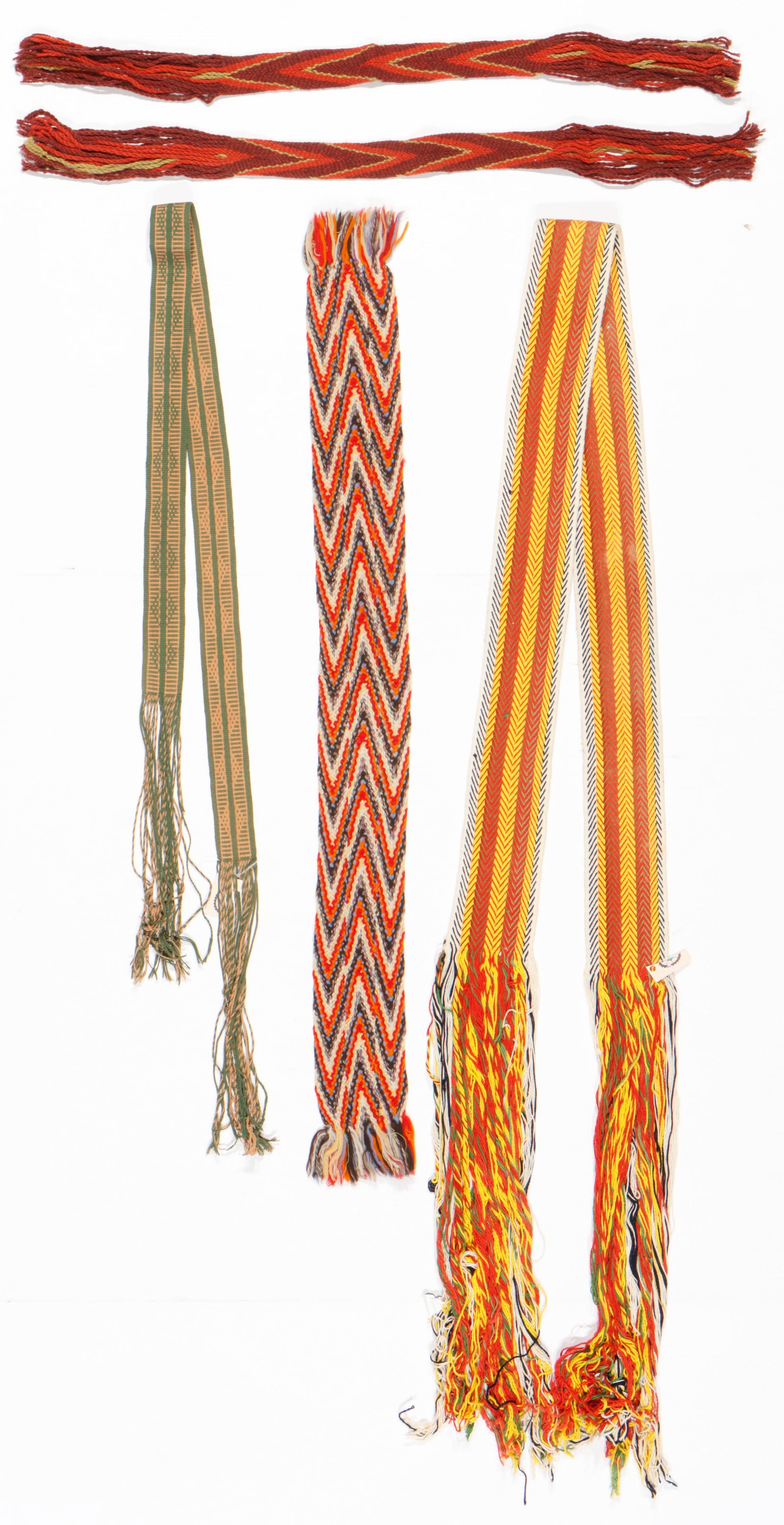 Four Native American Sashes: Four Native American Sashes. Wool. Ranging in size from: 2'7'' x 0'1.5'' (79 x 4 cm) to 5'3'' x 0'3.5'' (160 x 9 cm)