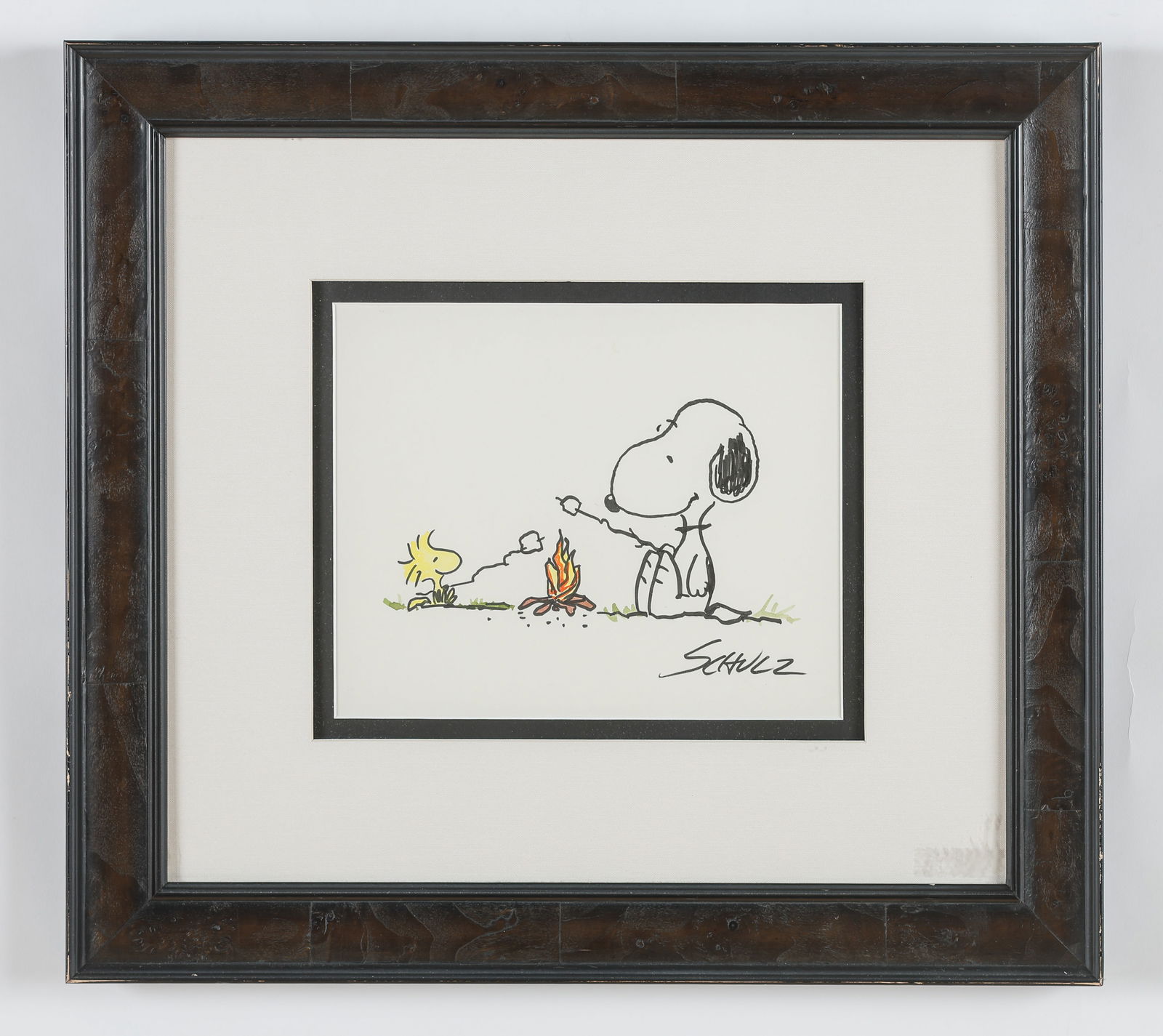 Charles M. Schulz (1922-2000) Original Snoopy Illustration, Signed: Charles M. Schulz (1922-2000) Original Illustration, signed. No place, no date. Original color illustration on paper signed by Charles Schulz, depicting his characters Snoopy and Woodstock roasting ma
