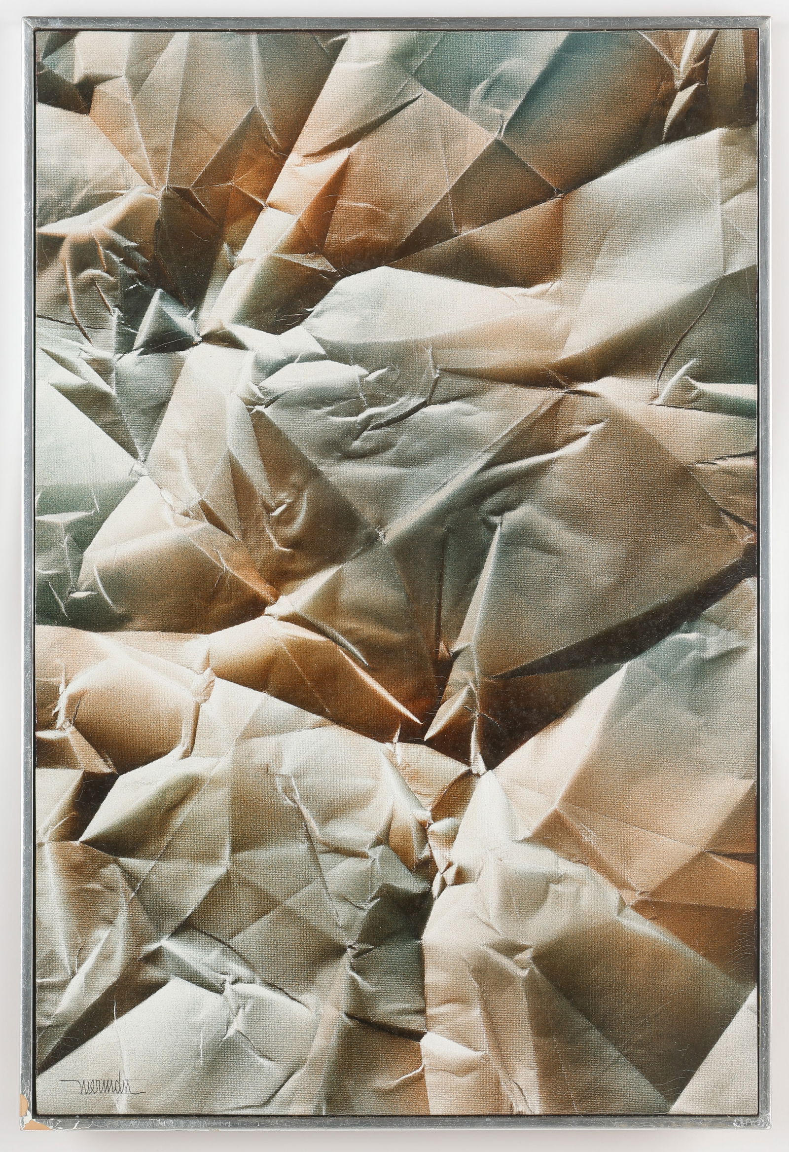 Leonardo Nierman (Mexican, 1932-2023) "Autumn" Painting: Leonardo Nierman (Mexican, 1932-2023) "Autumn," pastel on Masonite board, trompe l'oeil crumpled paper painting, signed. Framed. Size: 23.5'' x 15.5'', 60 x 39 cm (board); 24'' x 16'', 61 x 41 cm (fra