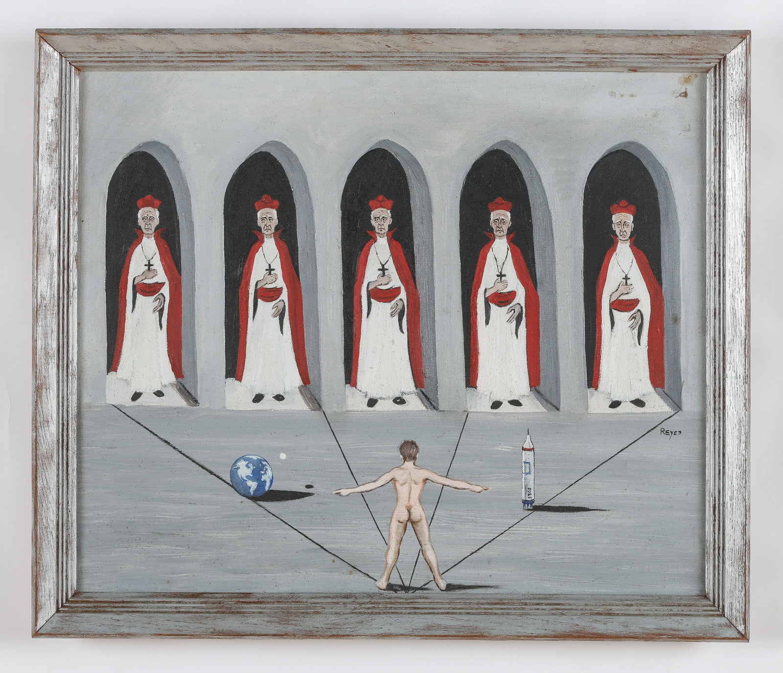 Surrealist Painting Signed Reyes, 20th C.): Surrealist Painting Singed Reyes, 20th C.). Untitled, oil painting on canvas, signed. Framed. Size: 20'' x 24'', 51 x 61 cm (stretcher); 23'' x 27'', 58 x 69 cm (frame).
