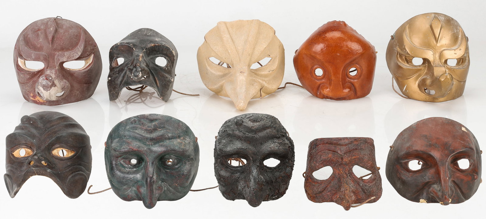Jean-Pierre Maury (Belgium/France, 1932-2021) 10 Vintage Cabaret Masks: Jean-Pierre Maury (Belgium/France, 1932-2021) 10 Vintage Cabaret du Port du Salut Theater Masks, Paris. Commedia dell'Arte style. Sizes Ranging From: 5'' x 5.5'' x 4'' (13 x 14 x 10 cm); To: 6.5'' x 7