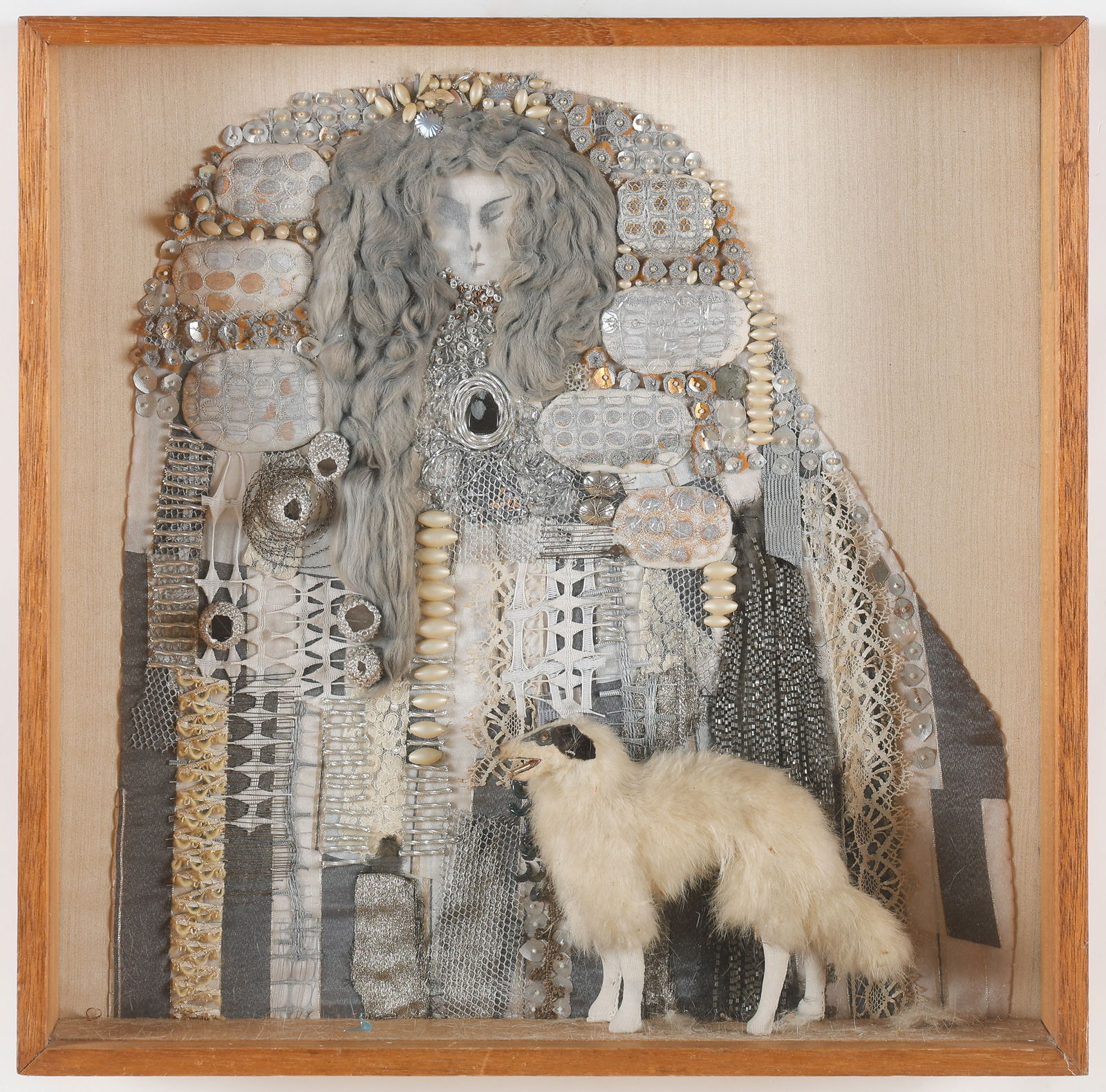 Gay Swift (British, active 1960-1999) Mixed Media Diorama: Gay Swift (British, active 1960-1999) 'Snow Queen' a glazed and cased diorama, with embroidered with the snow queen, a dog in front, labeled to the reverse. Size: 22'' x 22'' (56 x 56 cm)
