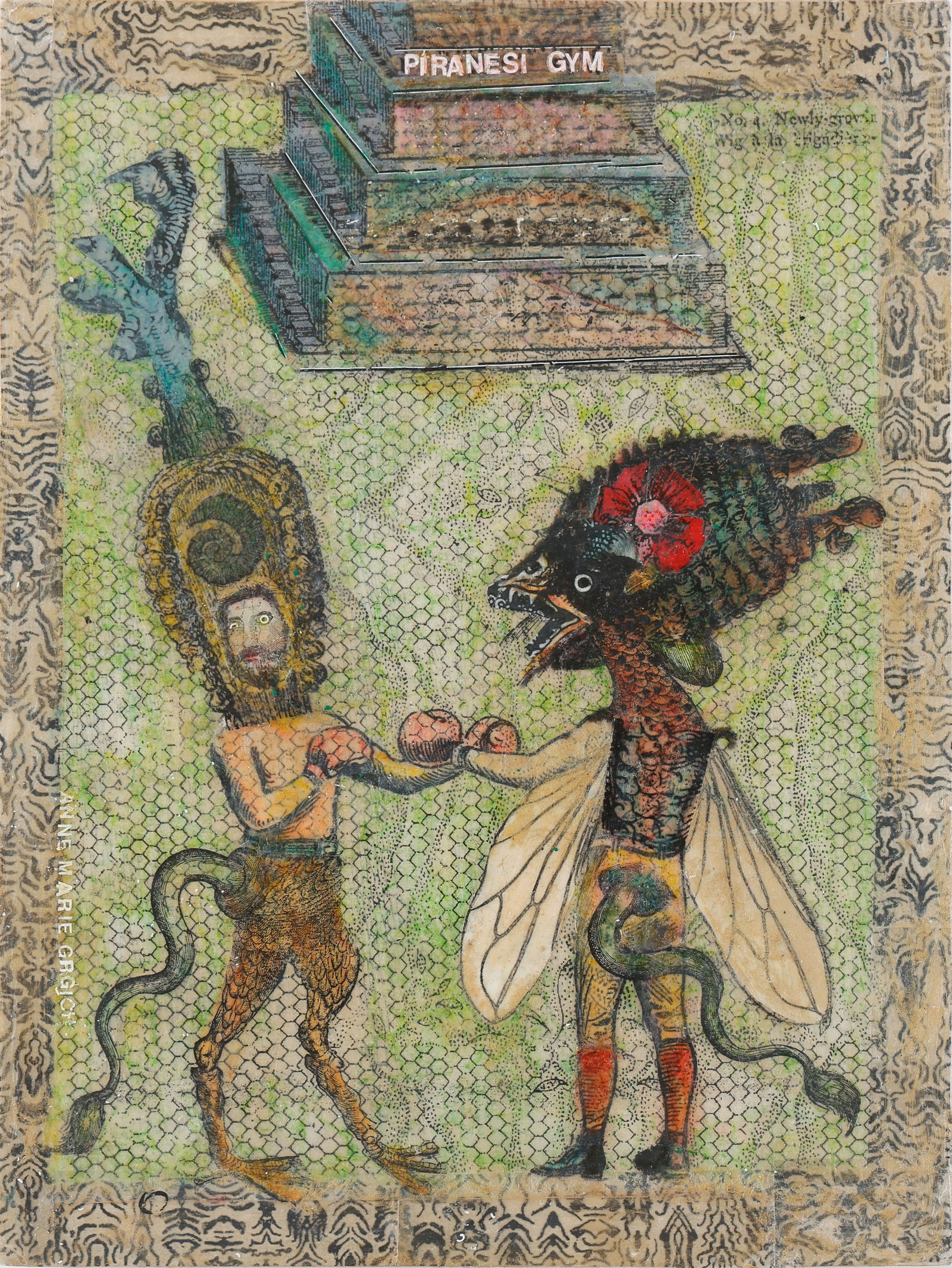 Anne Marie Grgich (American) Piranesi's Gym, Folk/Outsider Art: Anne Marie Grgich (American, b. 1961) "Piranesi's Gym," 2023, mixed media collage on board, signed, dtaed, and titled. Unframed. Size: 12'' x 9'', 30 x 23 cm (board). A featured Raw Vision artist, Ann