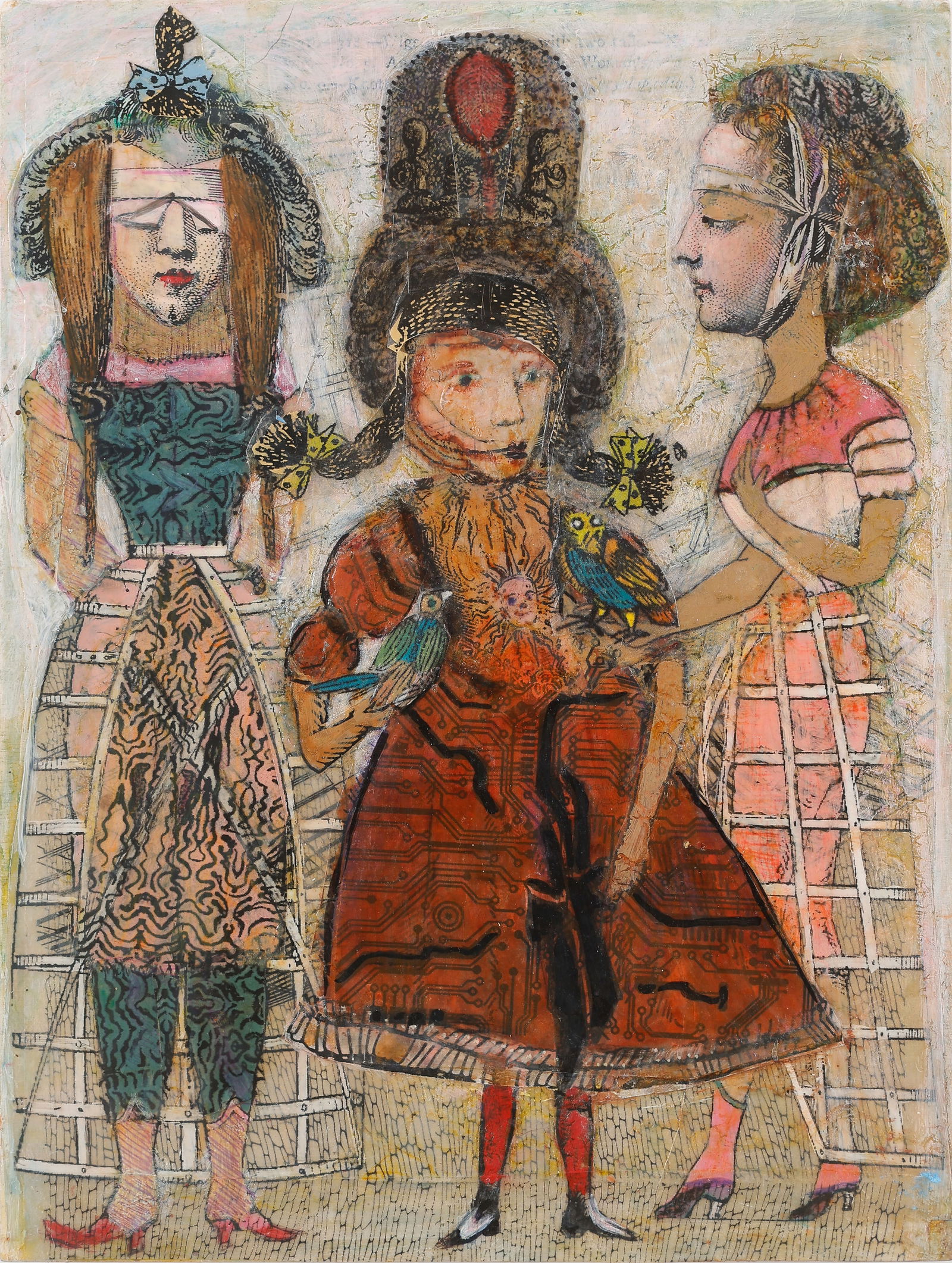 Anne Marie Grgich (American) See No Evil, Say No Evil, Do No Evil: Anne Marie Grgich (American, b. 1961) "See No Evil, Say No Evil, Do No Evil," 2023, mixed media on board, signed, titled, and dated. Unframed. Size: 12'' x 9'', 30 x 23 cm (board). A featured Raw Visi