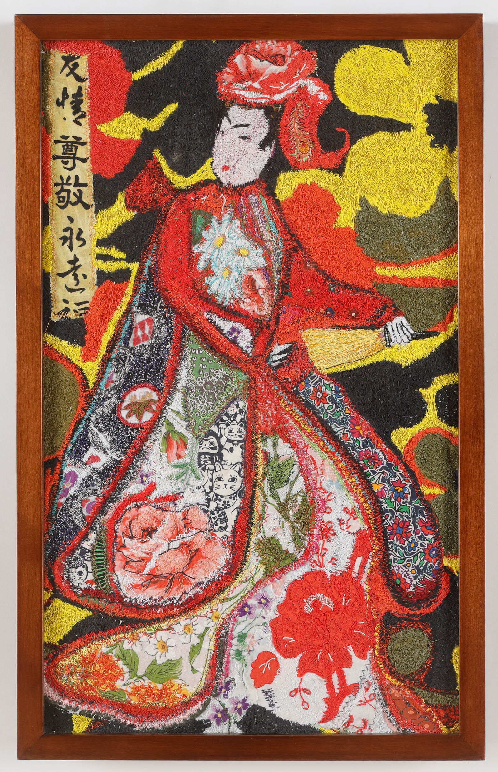Anne Marie Grgich (American) Geisha (Flower Kimono): Anne Marie Grgich (American, b. 1961) Geisha (with flower kimono). Textile Collage. Framed. Size: 18.25'' x 10.75'', 46 x 27 cm (image); 19.75'' x 12.25'', 50 x 31 cm (frame). A featured Raw Vision ar