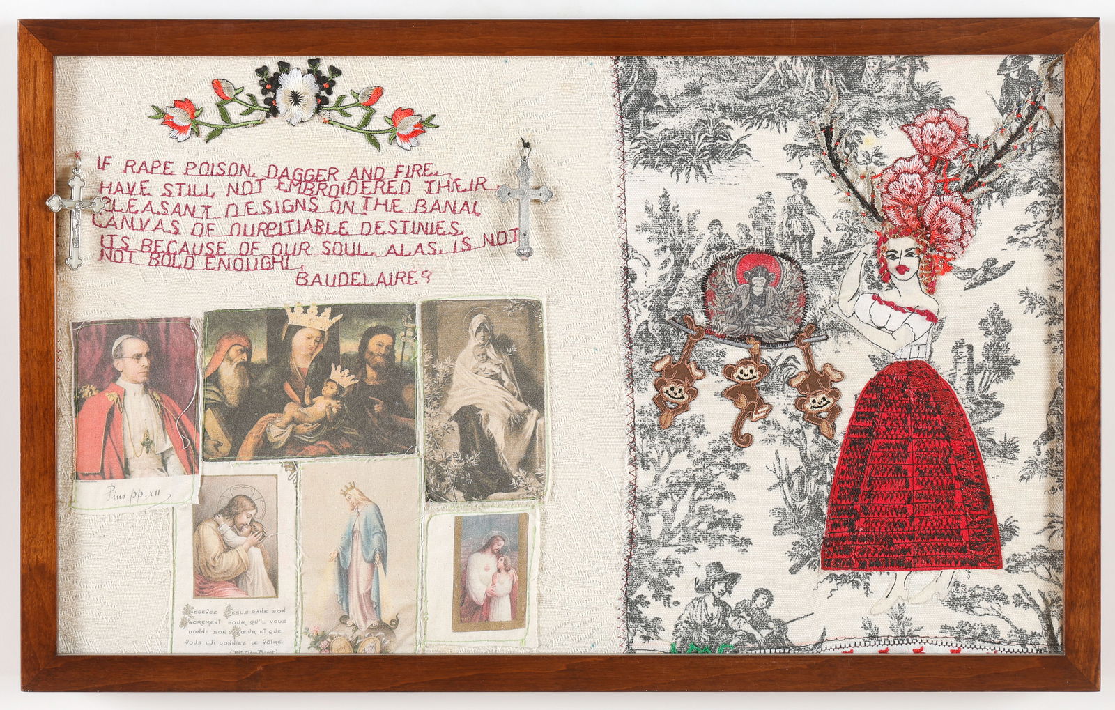 Anne Marie Grgich (American) Charles Baudelaire ( Poem Quote): Anne Marie Grgich (American, b. 1961) Charles Baudelaire ( Poem Quote), Mixed Media Collage, embroidered signature. Framed. Size: 11'' x 18.5'', 28 x 47 cm (image); 12.25'' x 19.75'', 31 x 50 cm (fram