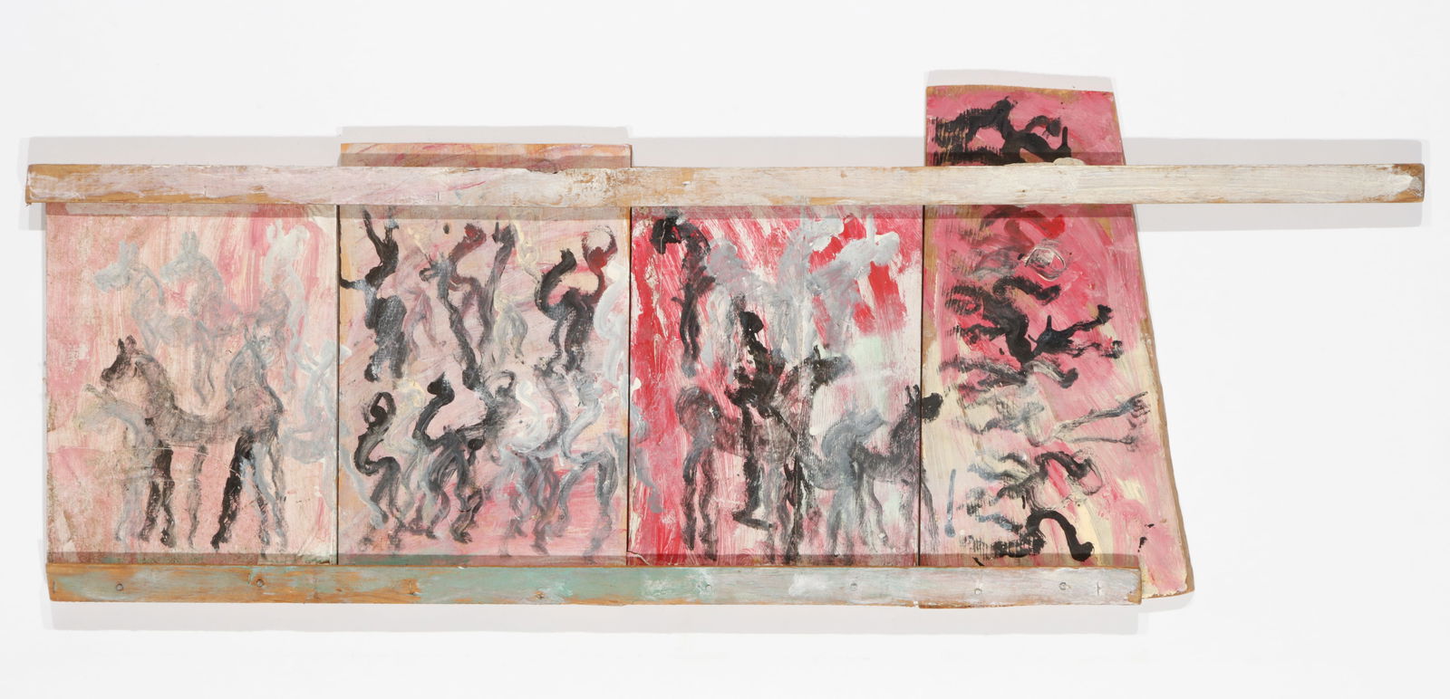 Purvis Young (American, 1943-2010) 20" x 53": Purvis Young (American, 1943-2010) Mixed media assemblage painting on board, unsigned. Unframed. Size: 20'' x 53.5'' (51 x 136 cm)(overall).