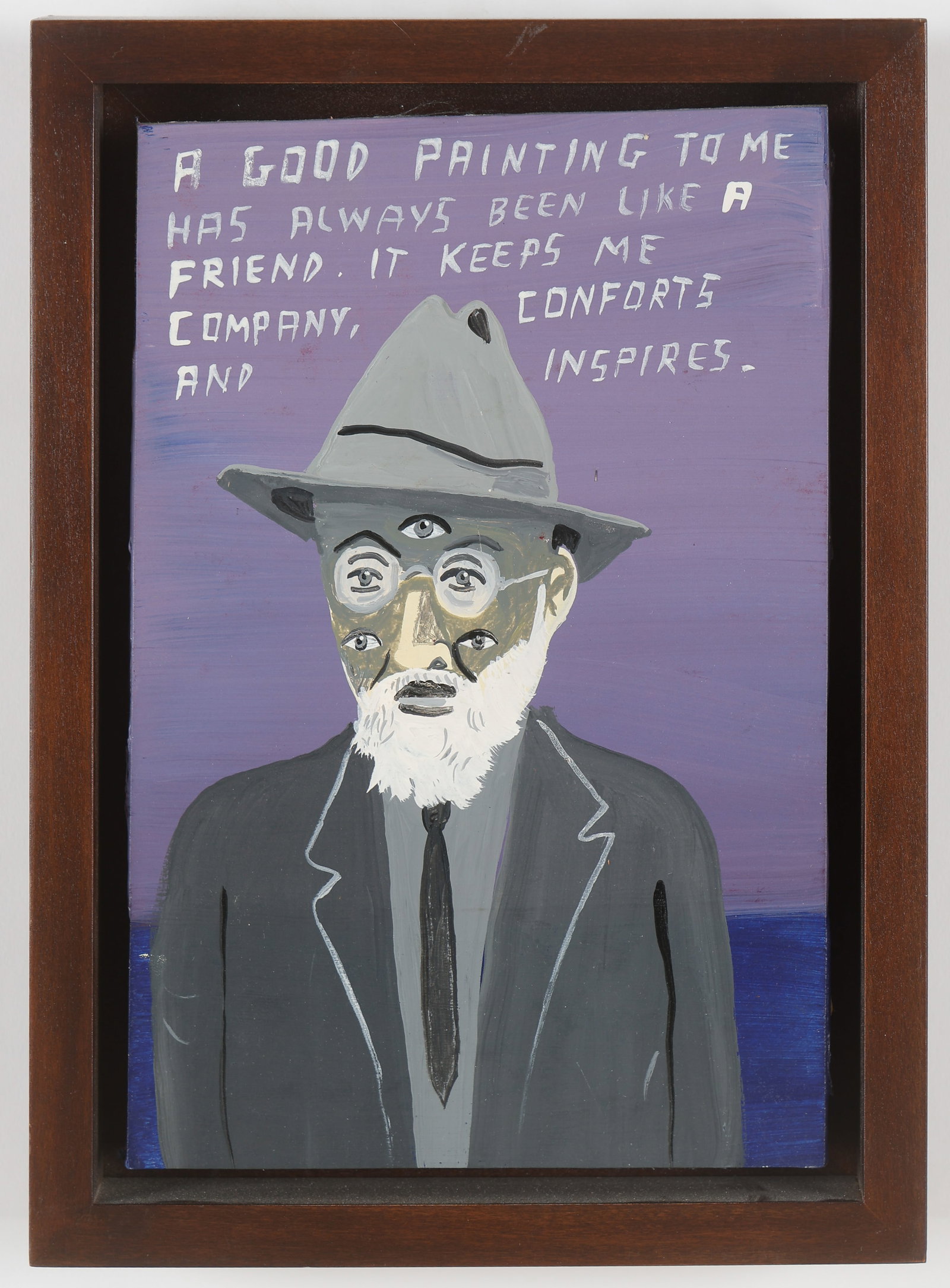Javier Mayoral (Outsider/Self-taught) A Good Painting: Javier Mayoral (American, 20th c.) "A Good Painting To Me Has Always Been Like A Friend. It Keeps Me Company, Conforts And Inspires", circa 2012,oil painting on board. Framed. Size: 9.5'' x 6.25'', 24