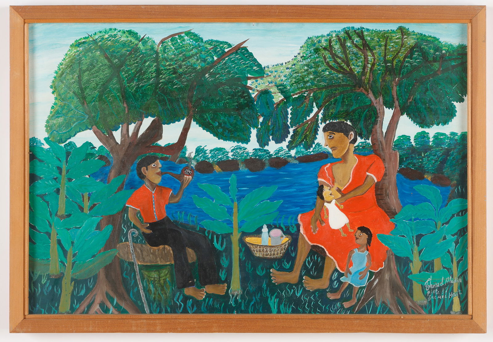 Theard Aladin (Haitian, Haiti) Haitian Family, 1987: Theard Aladin (Haitian, 1925-1993) Untitled (Family), 1987, oil painting on masonite board, signed and dated. Framed. Size: 16'' x 24'', 41 x 61 cm (board); 17.5'' x 25.5'', 44 x 65 cm (frame). Proven