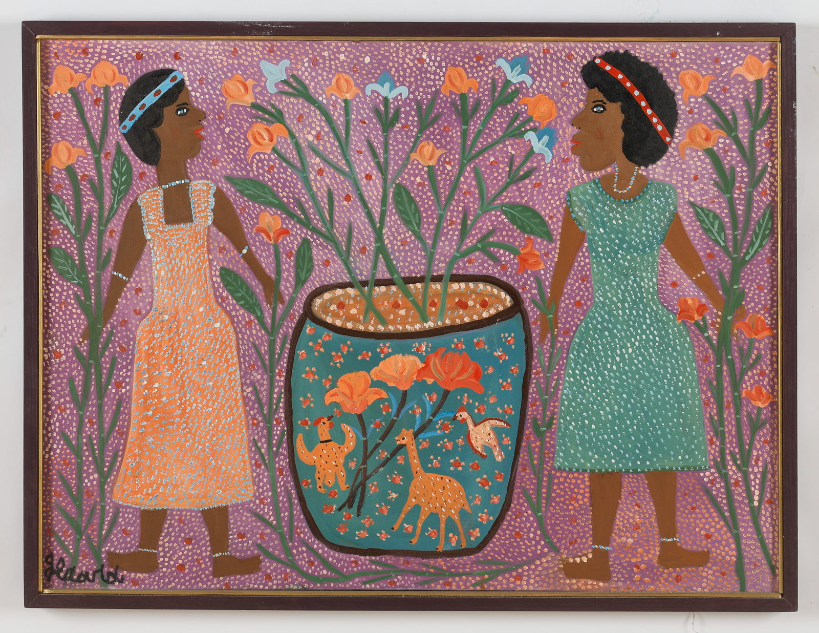 Gerard Fortune (Haitian, Haiti) Figures by Potted Flowers: Gerard Fortune (Haitian, 1924-2019) Figures by Potted Flowers, oil painting on canvas, signed. Framed. Size: 30'' x 40'', 76 x 102 cm (stretcher); 31.75'' x 41.75'', 81 x 106 cm (frame). Provenance: G