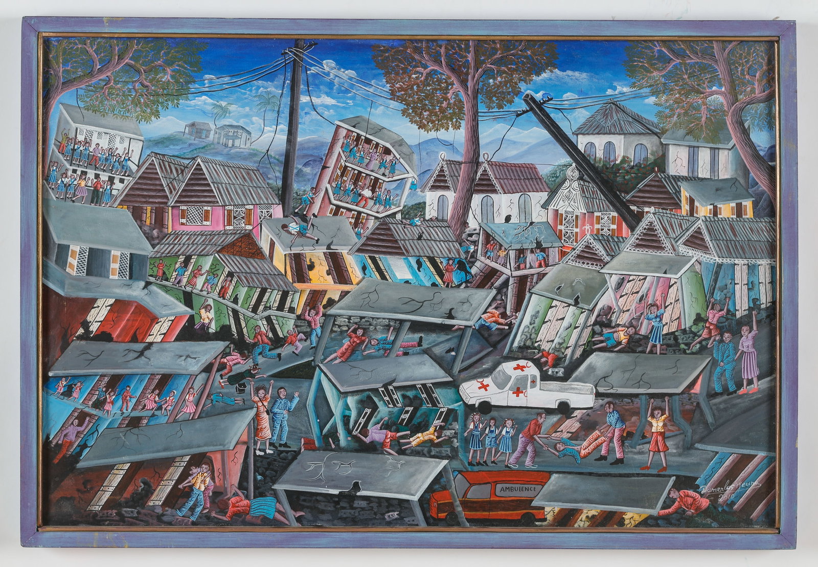 Dumerlus Jeune (Haitian, Haiti) The Shake, (Earthquake Scene): Dumerlus Jeune (Haitian, 20th/21st c.) "The Shake" (Earthquake Scene), 2010, acrylic painting on canvas, signed. Framed. Size: 24'' x 36'', 61 x 91 cm (stretcher); 25.75'' x 37.75'', 65 x 96 cm (frame