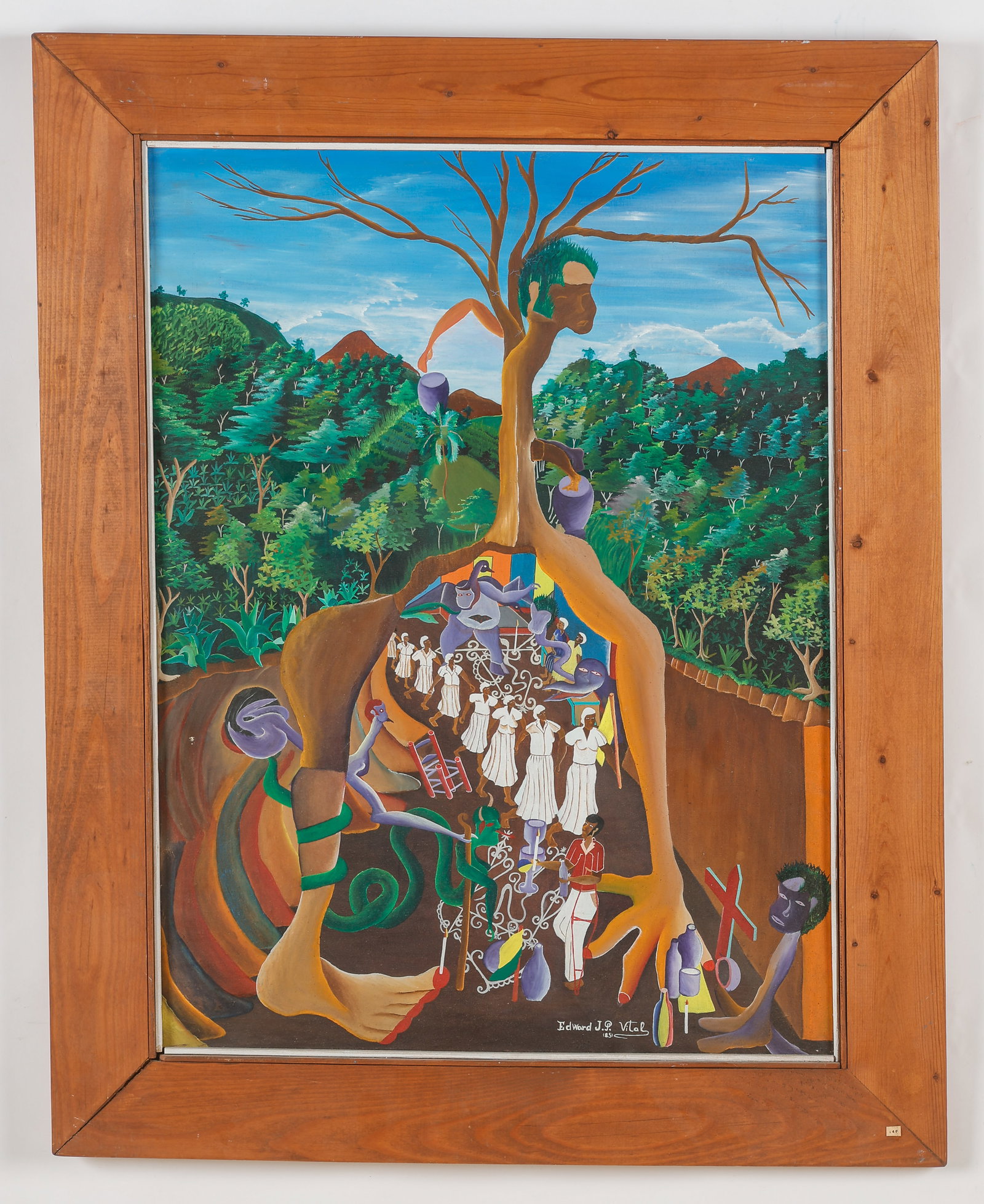 Edouard Vital (Haitian, Haiti) ) Ceremony Dambala: Edouard Vital (Haitian, 20th c.) Ceremony Dambala, 1985, oil painting on canvas, signed and dated. Framed. Size: 32'' x 24'', 81 x 61 cm (stretcher); 39.5'' x 31.5'', 100 x 80 cm (frame). Provenance: 