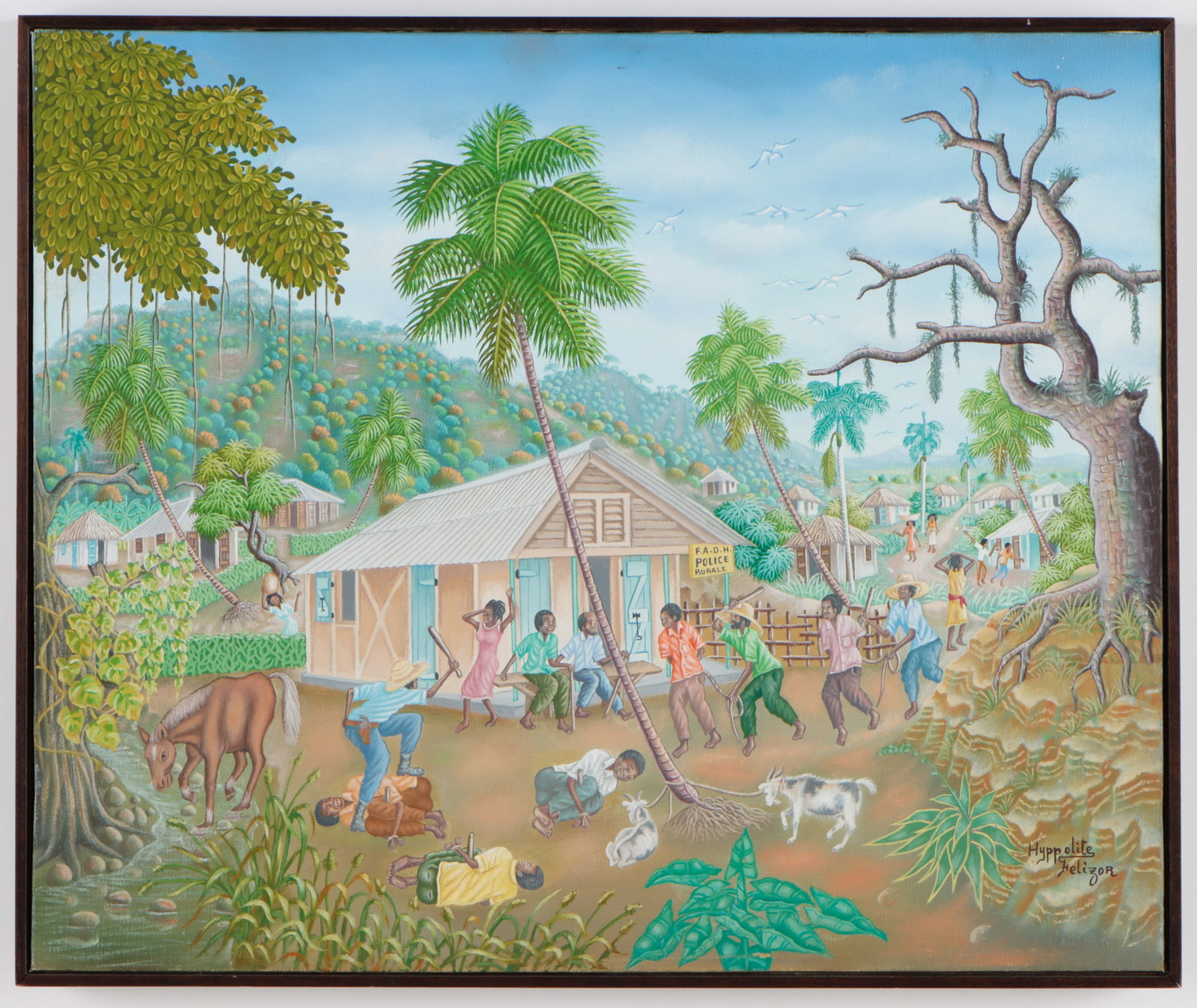 Felizor Hyppolite (20th c.) "Villagers Rise Up Against Ton-Ton Macoutes": Felizor Hyppolite (Haitian, 20th c.) "Villagers Rise Up Against Ton-Ton Macoutes", c. 1990's, Oil painting on canvas, signed, Framed. Size: 20'' x 24'', 51 x 61 cm (stretcher); 20.75'' x 24.75'', 53 x