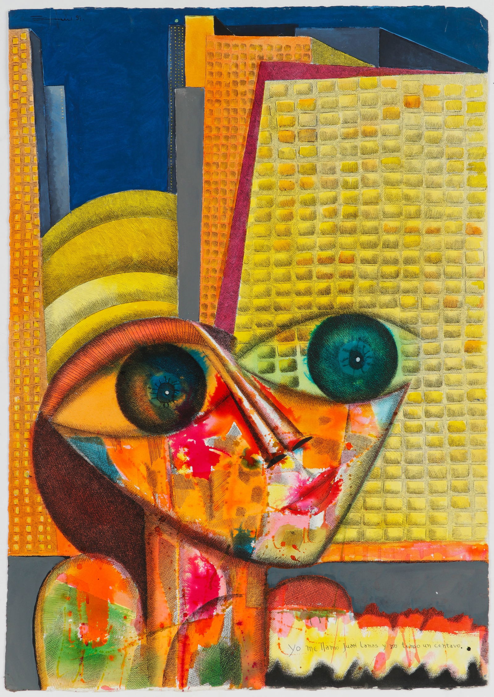 Efren Medina (Nicaraguan, Nicaragua) Juan Lanas, New York Skyline: Efren Medina (Nicaraguan, b. 1949) "Yo Me Llamo Juan Lanas Y No Tengo Un Centavo," watercolor and ink on paper, titled. Unframed. Size: 41.5'' x 29.25'', 105 x 74 cm (sheet). Efren Medina is one of th