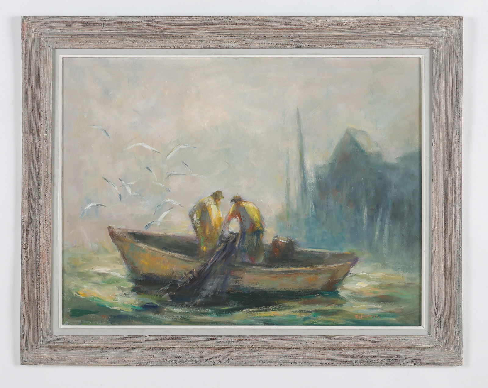 Tod Lindenmuth (American, 1885-1976) "The Gill Net": Tod Lindenmuth (American, 1885-1976) "The Gill Net," oil painting on masonite board, signed and titled. Framed. Size: 24'' x 32'', 61 x 81 cm (board); 30.75'' x 38.75'', 78 x 98 cm (frame).