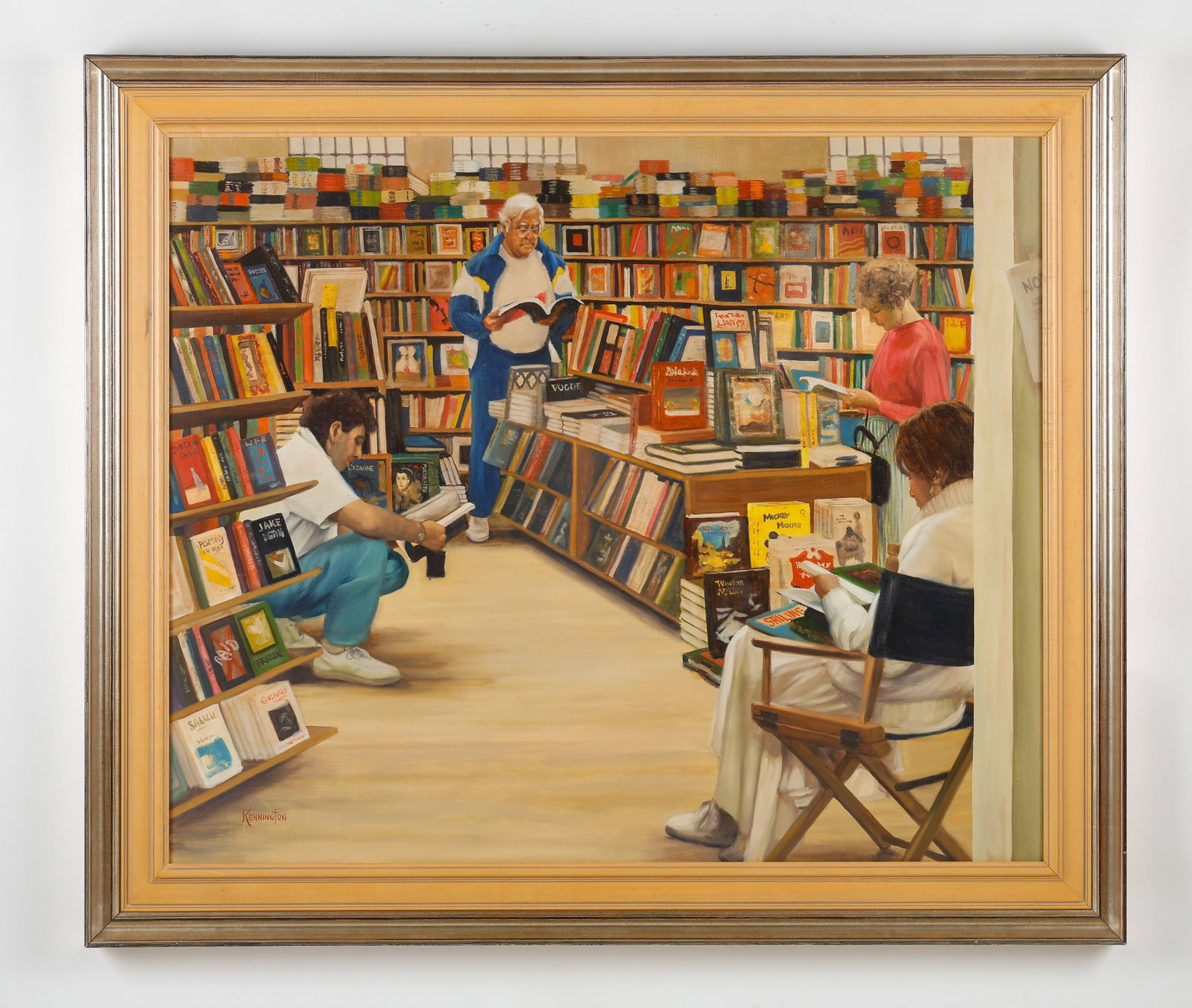 Dale Wilson Kennington (American, 1935-2017) "Bookstore": Dale Wilson Kennington (American, 1935-2017) "Bookstore," oil painting on canvas, signed and titled. Framed. Size: 40'' x 48'', 102 x 122 cm (stretcher); 48.5'' x 56'', 123 x 142 cm (frame). Provenanc