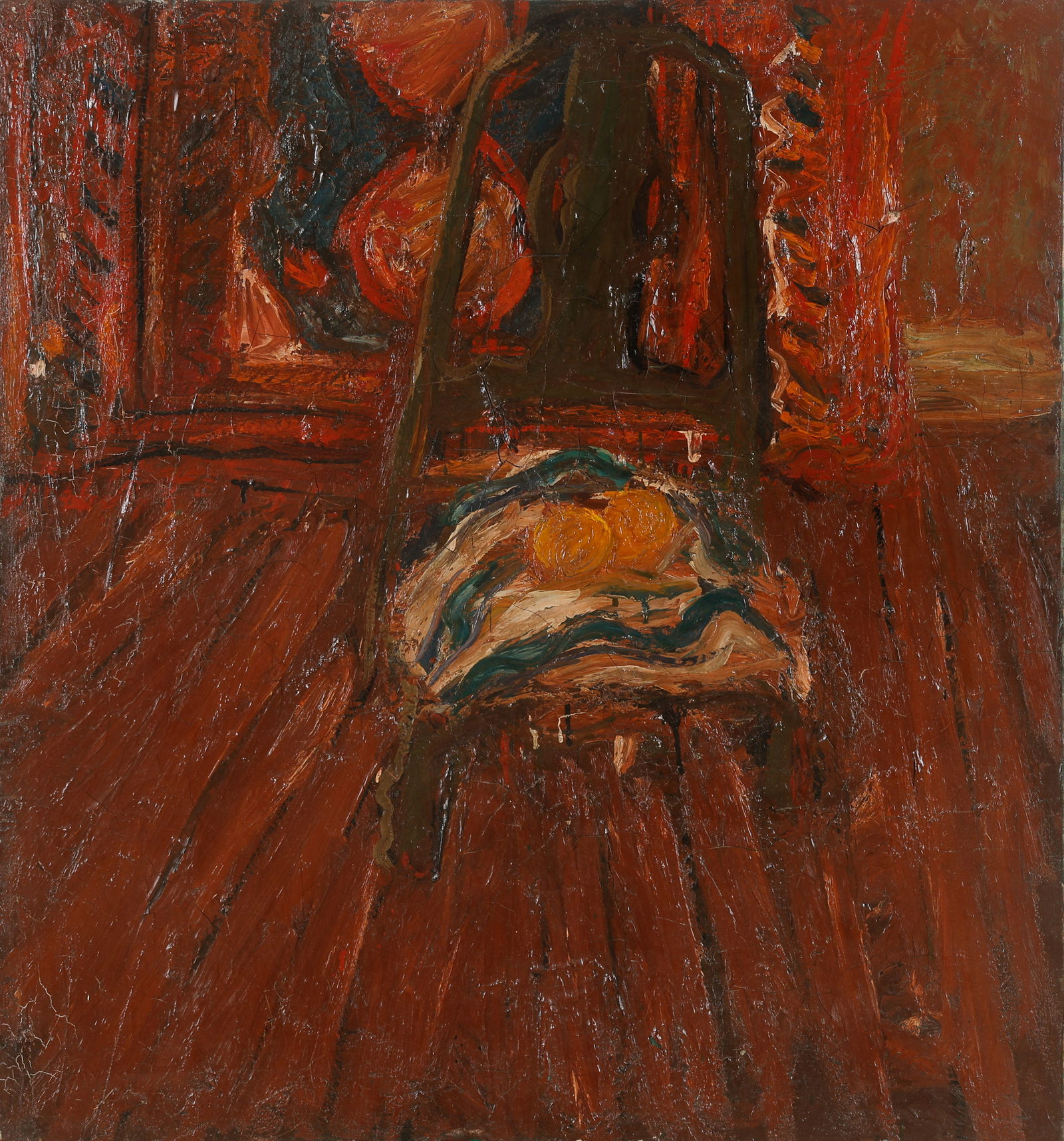 Jay Milder (American, b. 1934) "Oranges On a Chair Seat," 1958: Jay Milder (American, b. 1934) "Oranges On a Chair Seat," 1958, oil painting on canvas, dated and signed. Unframed. Size: 43'' x 40'', 109 x 102 cm (stretcher).