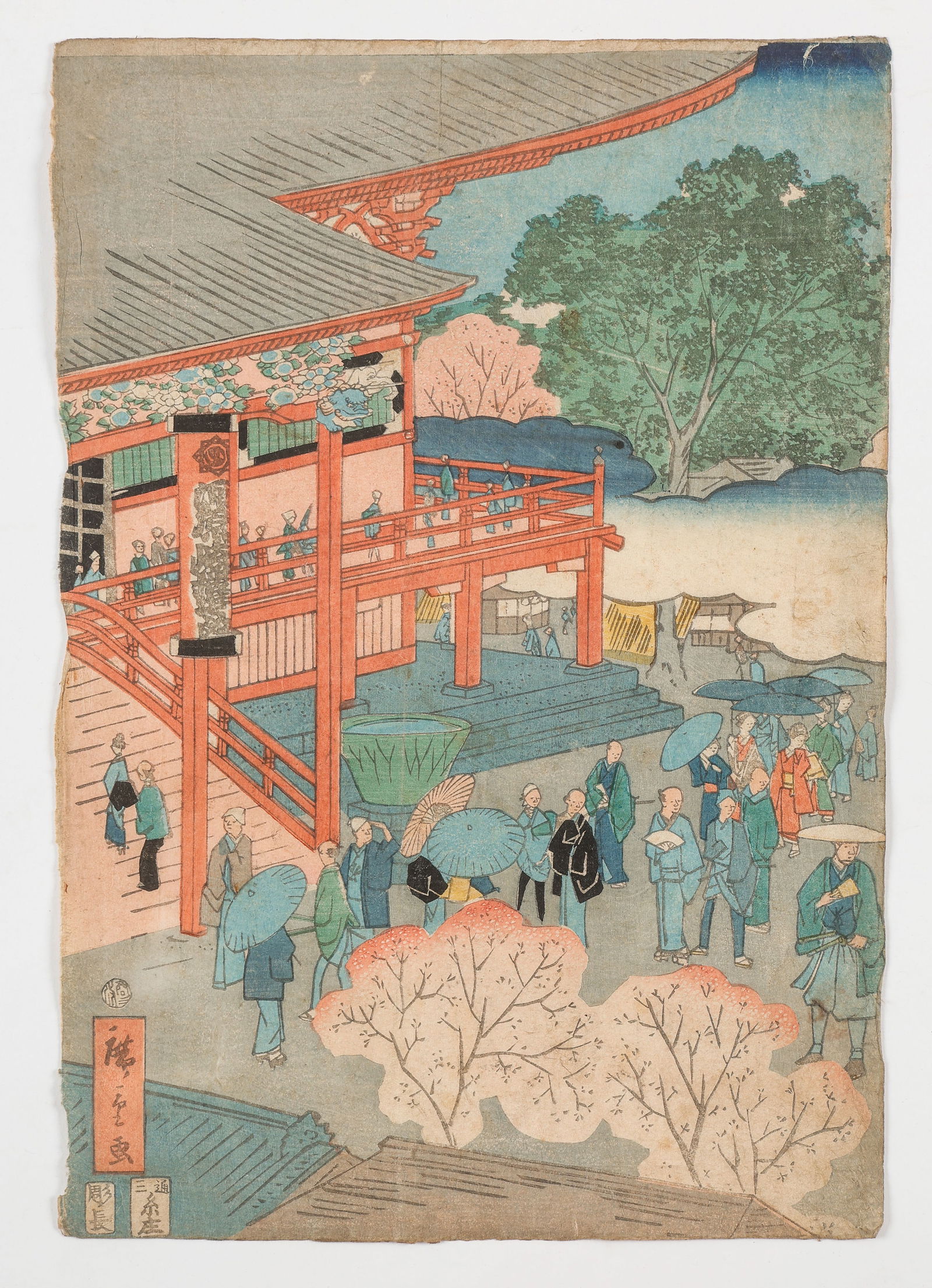 Utagwawa Hiroshige II (Japanese, 1797-1858): Utagwawa Hiroshige II (Japanese, 1797-1858), left panel of Hiroshige's "Foreigners Visit Asakusa Kinryuzan Temple" triptych, 1861. Woodblock print. Unframed. Size: 10.25'' x 15'', 26 x 38 cm (sheet).