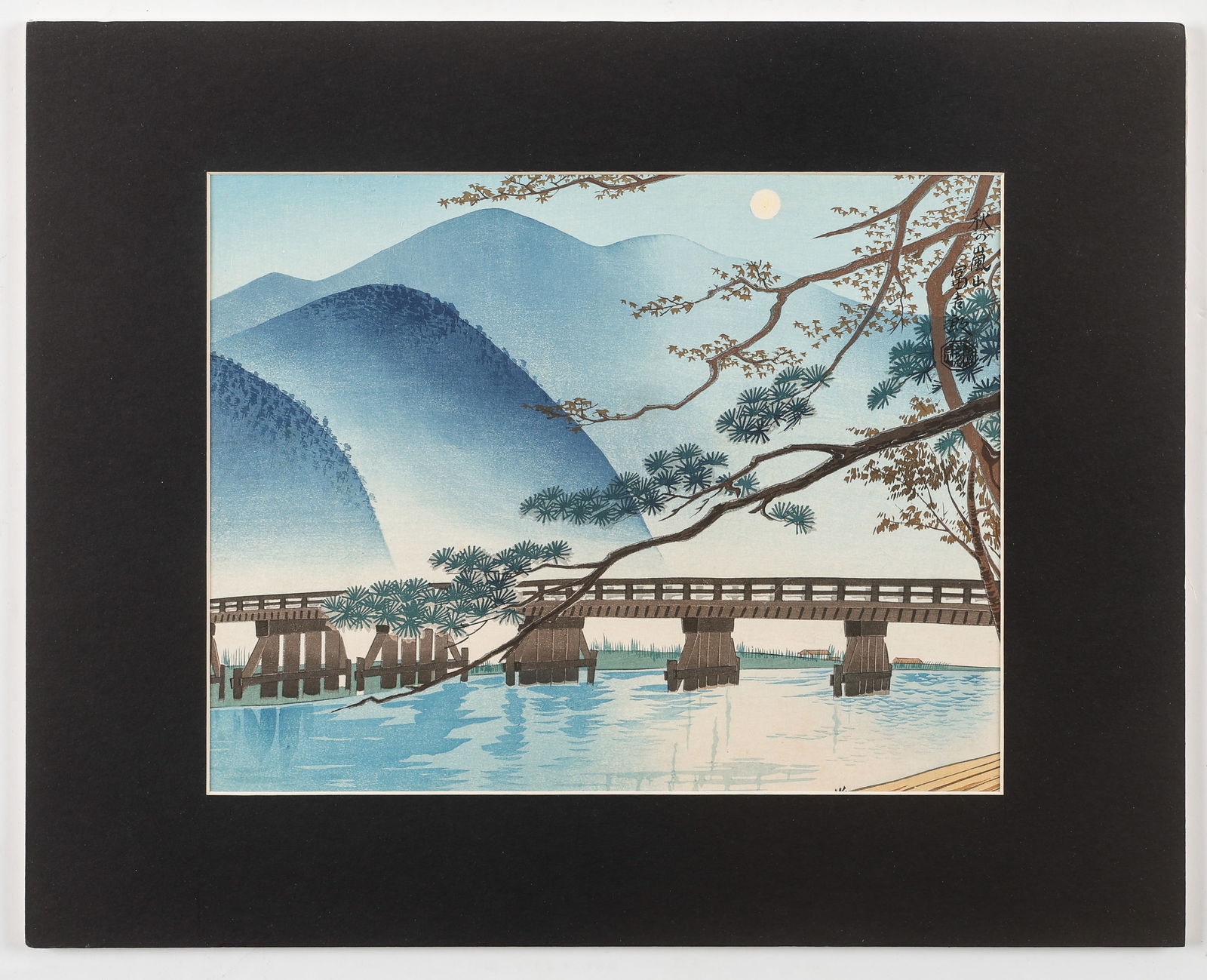 Tomikichiro Tokuriki (Japanese, 1902-2000): Tomikichiro Tokuriki (Japanese, 1902-2000), "Autumn at Arashiyama," c. 1945. Woodblock print. Size: 10.5'' x 13.5'', 27 x 34 cm (sight); 16'' x 20'', 41 x 51 cm (mat). Provenance: Bushido Gallery Coll