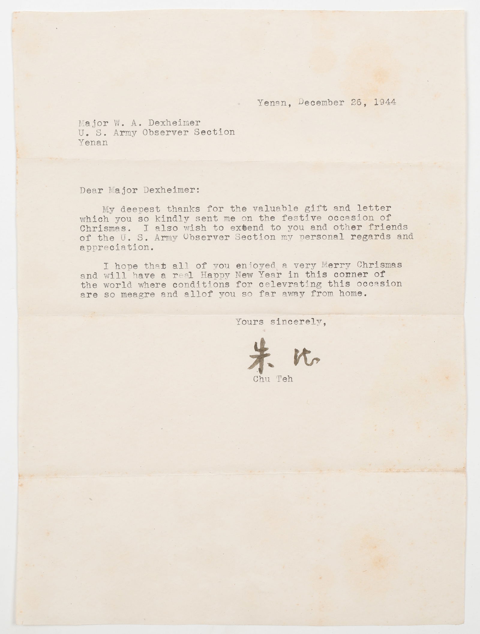 Zhu De, Autographed letter to Major Wilbur A. Dexheimer, 26th December 1944 (1 of 3)
