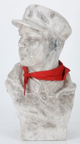 Chinese Plaster Bust of Model Hero, Lei Feng, with a Red Scarf, H: 28"