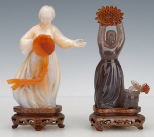 Pair of Chinese Carved Agate Dancing Ethnic Figures