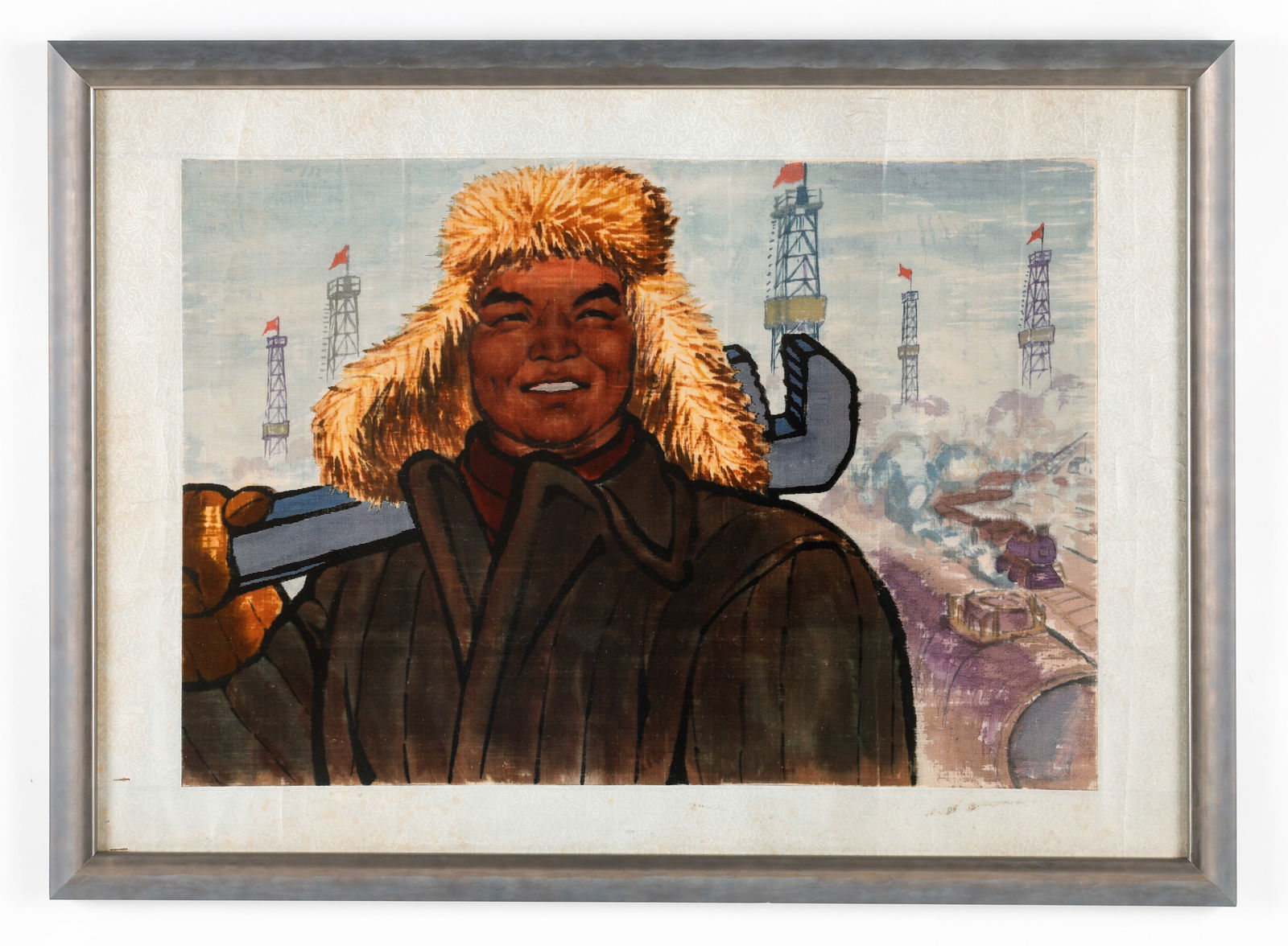 Chinese Cultural Revolution Painting: Chinese Cultural Revolution Painting. Unknown Artist, gouache on fabric, painting of "Iron Man" Wang Jinxi, a model industrial worker and socialist hero. Framed. Size: 18.75'' x 27'', 48 x 69 cm (imag