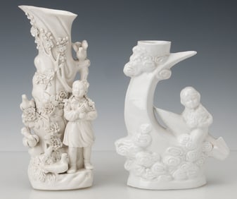 2 Chinese Dehua Blanc de Chine Figural Porcelain Vases