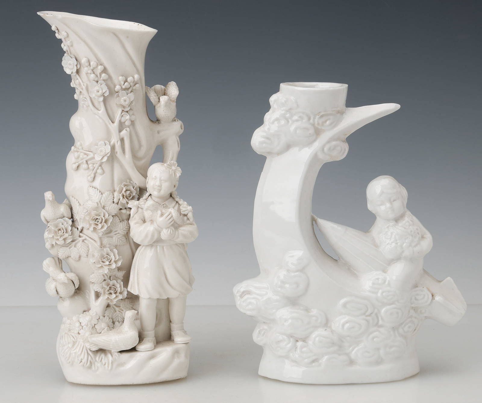 2 Chinese Dehua Blanc de Chine Figural Porcelain Vases