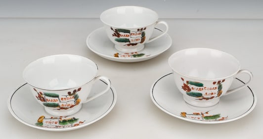 Set of 3 Chinese Porcelain Teacups with Saucers