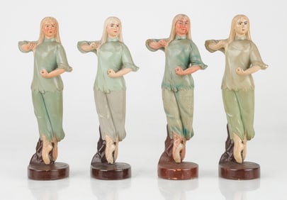 4 Vintage Chinese Painted Plaster White-Haired Girl Statues