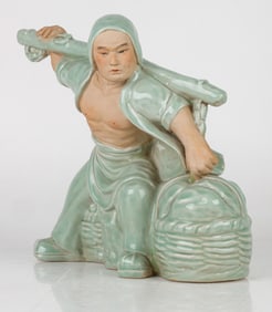 Chinese Cultural Revolution Green-Glazed Ceramic Statue