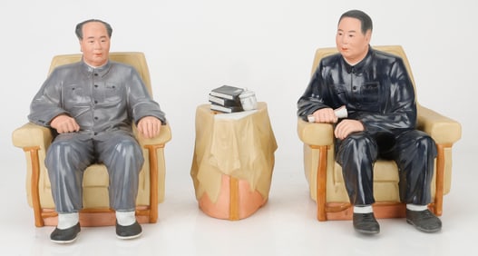 3 Piece Ceramic Figural Group Mao Seated With His Successor Hua Goufeng