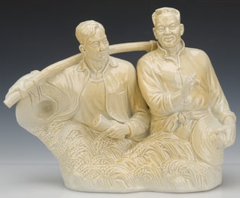 Chinese Glazed Ceramic Figural Group of Two Farmers