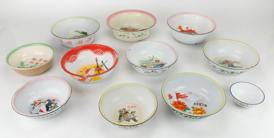 11 Enamel Bowls Showing Chinese Cultural Revolution Scenes
