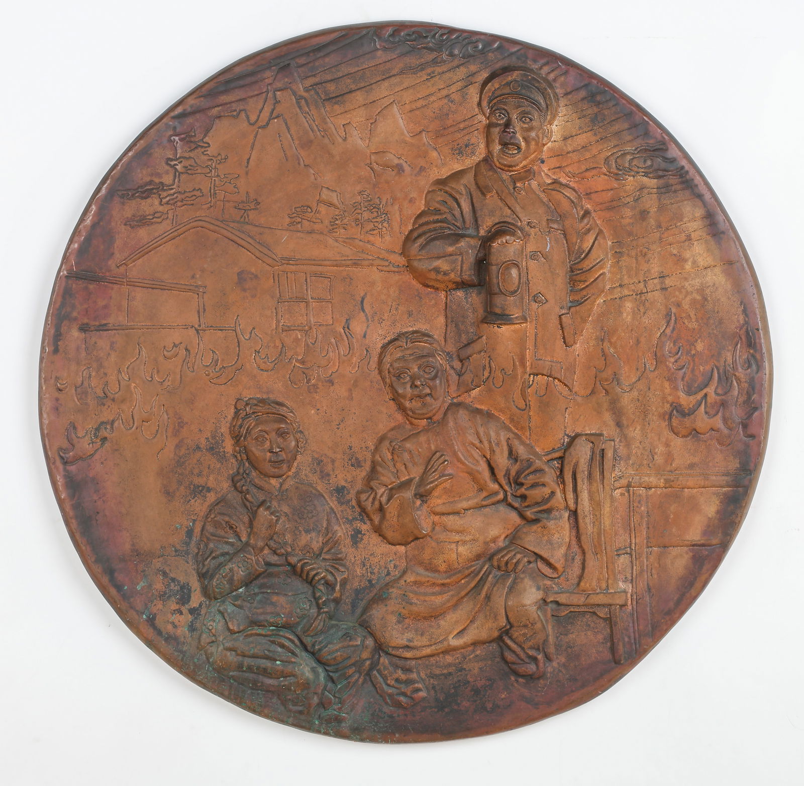 Large Chinese Cultural Revolution Copper Relief Plaque, Diam. 32" (1 of 3)