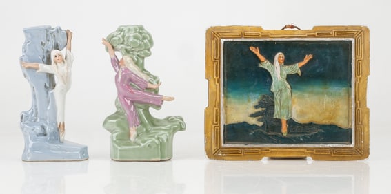 2 Chinese Porcelain Figural Lamp Bases and a Plaque of the White-Haired Girl