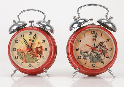 2 Chinese Cultural Revolution Mechanical Automaton Alarm Clocks