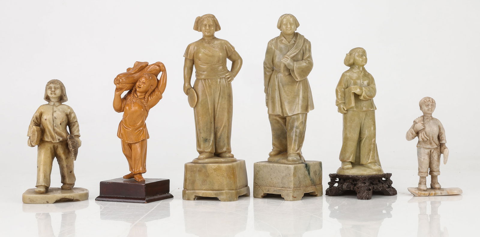 6 Chinese Cultural Revolution Soapstone Figures: 6 Chinese Cultural Revolution Soapstone Figures. Sizes from: 5.5'' x 3'' x .5'' (14 x 8 x 1 cm) to 9.5'' x 3'' x 2.5'' (24 x 8 x 6 cm).