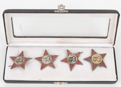 4 Chinese Revolution Star Photo Badges, Mao And Zhu, Mid-Late 1940s