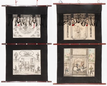 2 Chinese Hand-Painted 2-Panel Theater Curtains